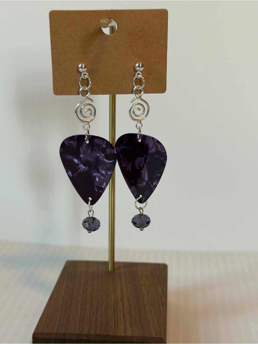 Handmade Purple Guitar Pick Earrings - Silver Accents
